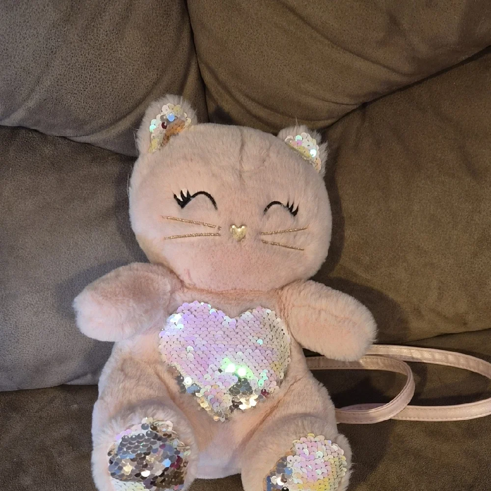 Plush Cat Purse with Sequin Heart - Pink